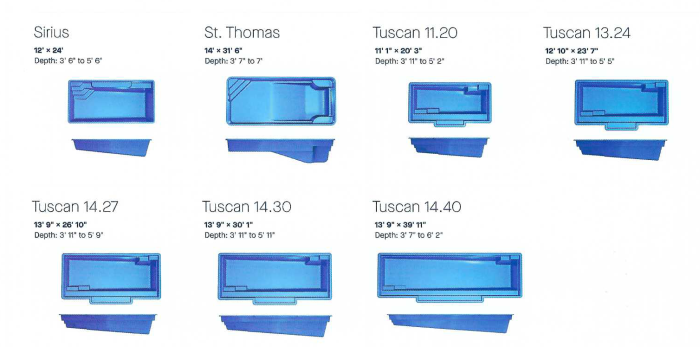 Diagram of pool designs, each with dimensions and cross-section view.