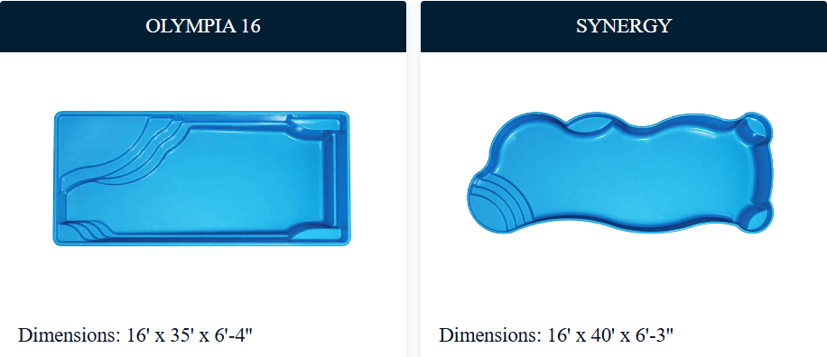 Two blue swimming pool designs: Olympia 16 (rectangular) and Synergy (irregular shape).