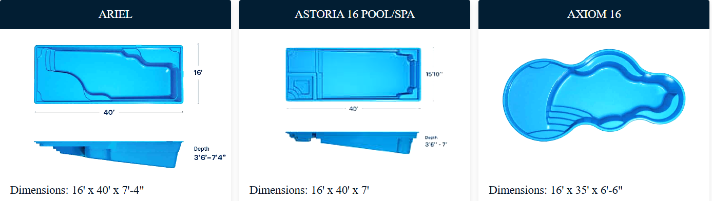 Pool design examples with top-down and side views, featuring blue water, varying shapes, and depth measurements.