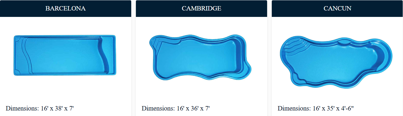 Three blue swimming pools with different irregular shapes.