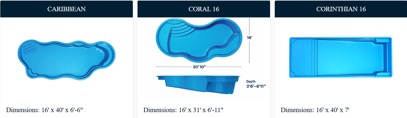 Three different swimming pool shapes in blue with dimensions listed below each shape.