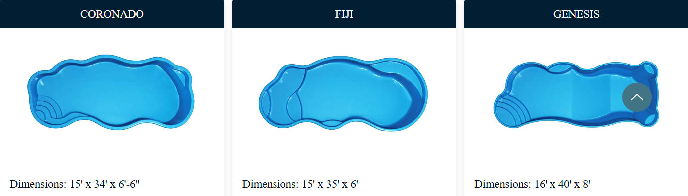 Three different blue pool designs. Dimensions below each, white background, and dark blue headers.