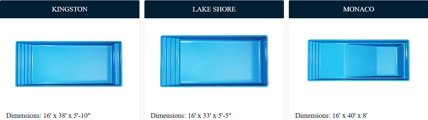 Three blue rectangular swimming pool designs.