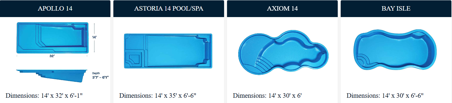 Four blue swimming pool designs against a dark background, each with a different shape.
