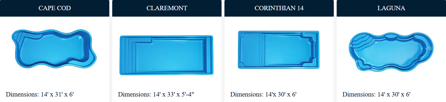 Four blue swimming pool designs with different shapes, from wavy to rectangular.