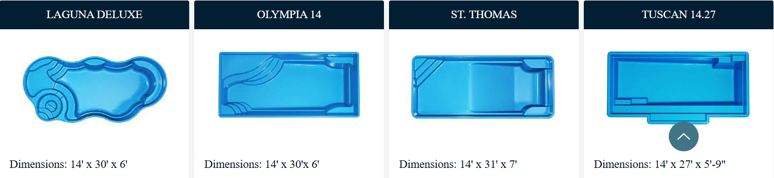Pool designs: lagoon, rectangle with curves, rectangle, rectangle with steps. Blue pools, white text.