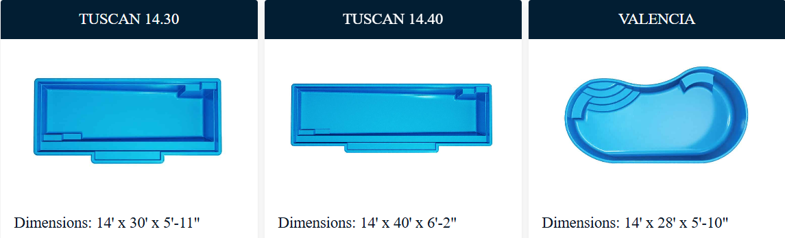 Three blue swimming pool designs: Tuscan 1430, Juscan 1430, and Valencia.