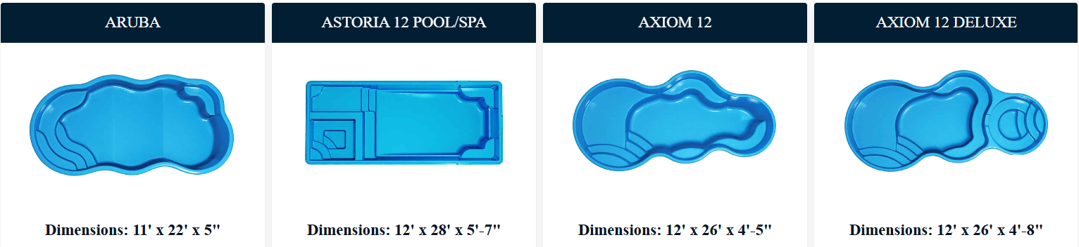 Four blue swimming pool designs of varying shapes, with names and dimensions below each.