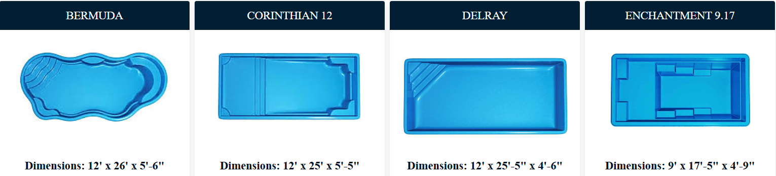 Four blue swimming pool designs with varying shapes and dimensions.