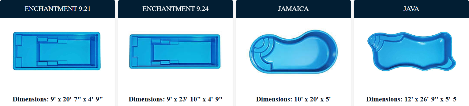 Four pool shape diagrams: Rectangle, Rectangle-with-corner-steps, Kidney, and Freeform. Blue with black text.
