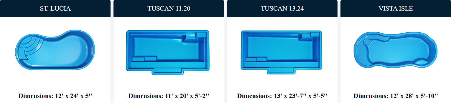 Four blue pool designs with labels and dimensions: 