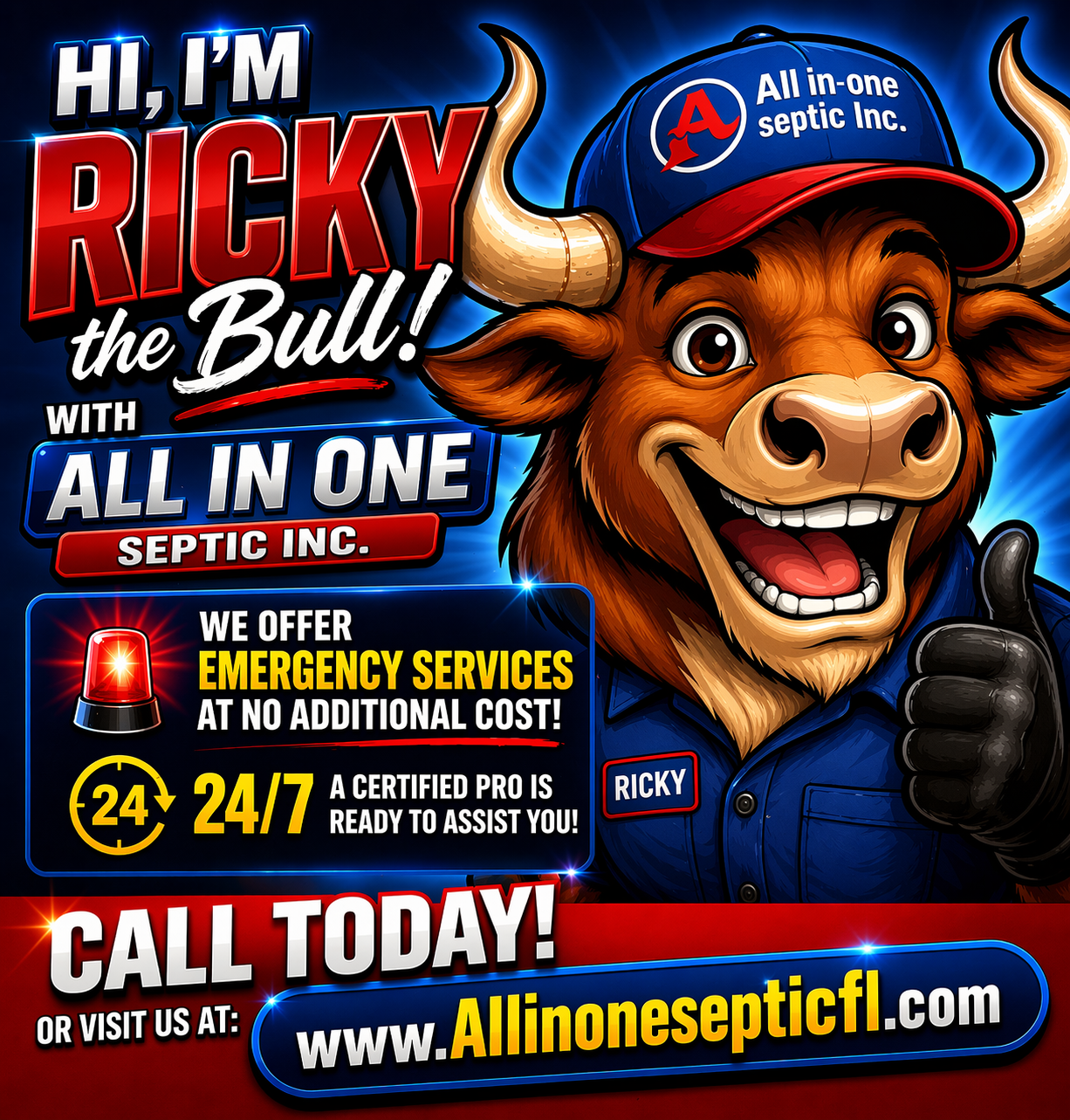 Advertisement for All In One Septic Inc. featuring Ricky the Bull mascot giving a thumbs-up and 24/7 emergency service info.