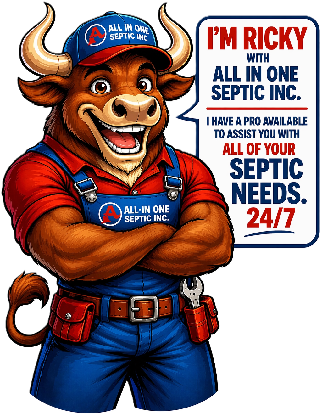 A mascot bull in a work cap and overalls with arms crossed, next to a text box advertising All In One Septic Inc. 24/7.