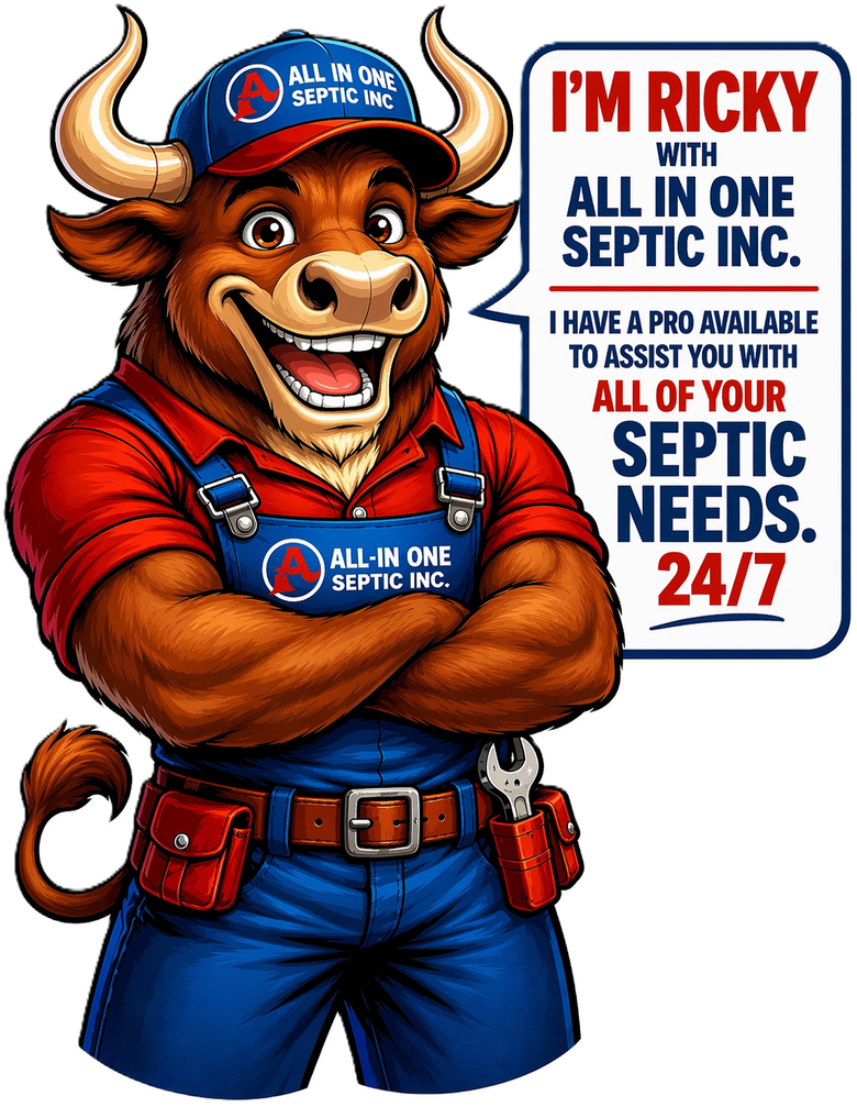 A mascot bull in a work cap and overalls with arms crossed, next to a text box advertising All In One Septic Inc. 24/7.