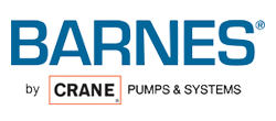 Barnes by Crane Pumps & Systems logo in blue text with an orange box around