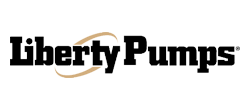 Logo for Liberty Pumps, featuring black text and a gold-colored arc.