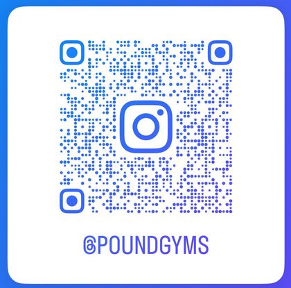 QR code for @POUNDGYMS Instagram account, gradient blue and white square frame.