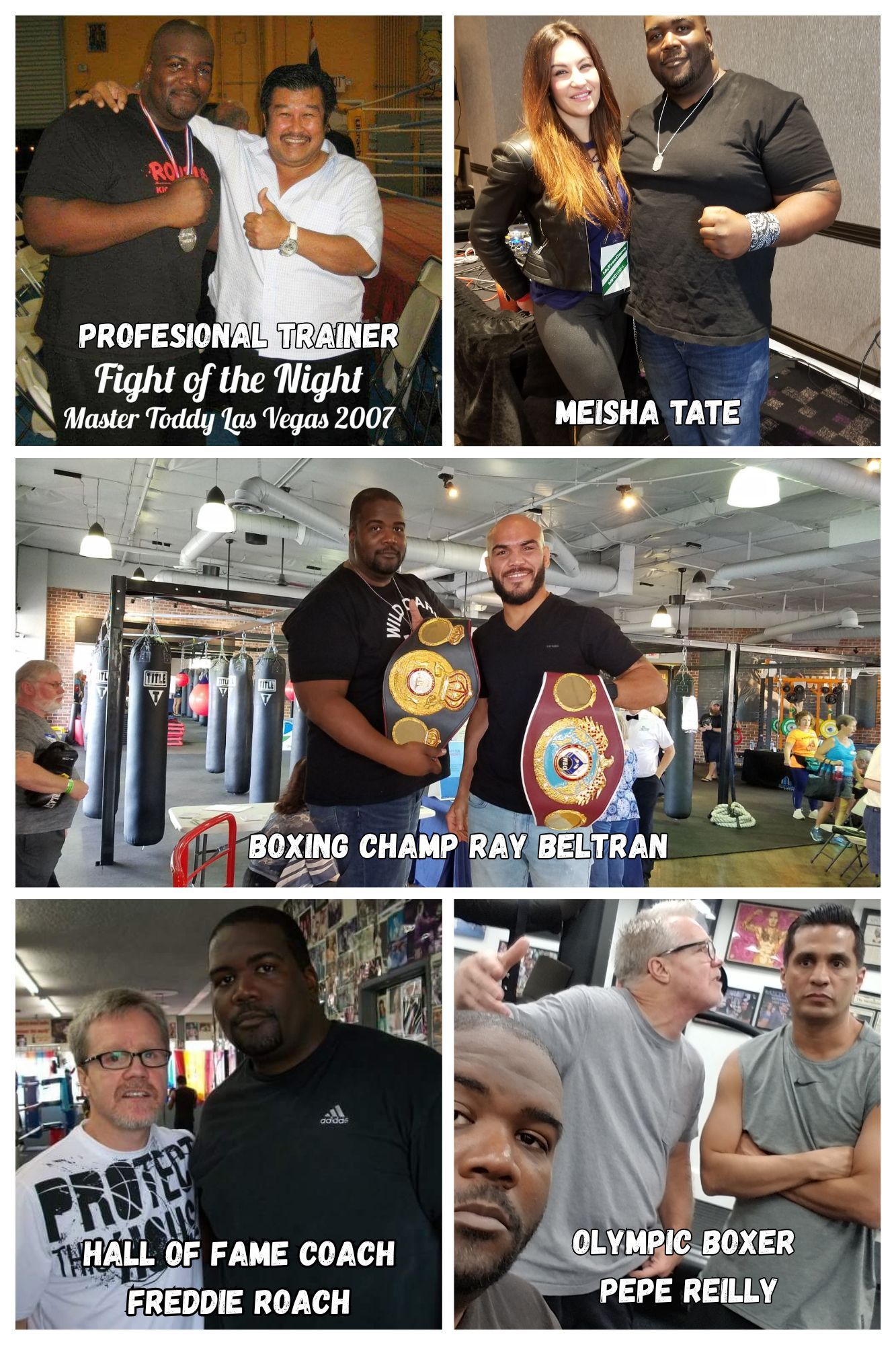 Collage of people: Meisha Tate, boxers, coaches in a gym setting.