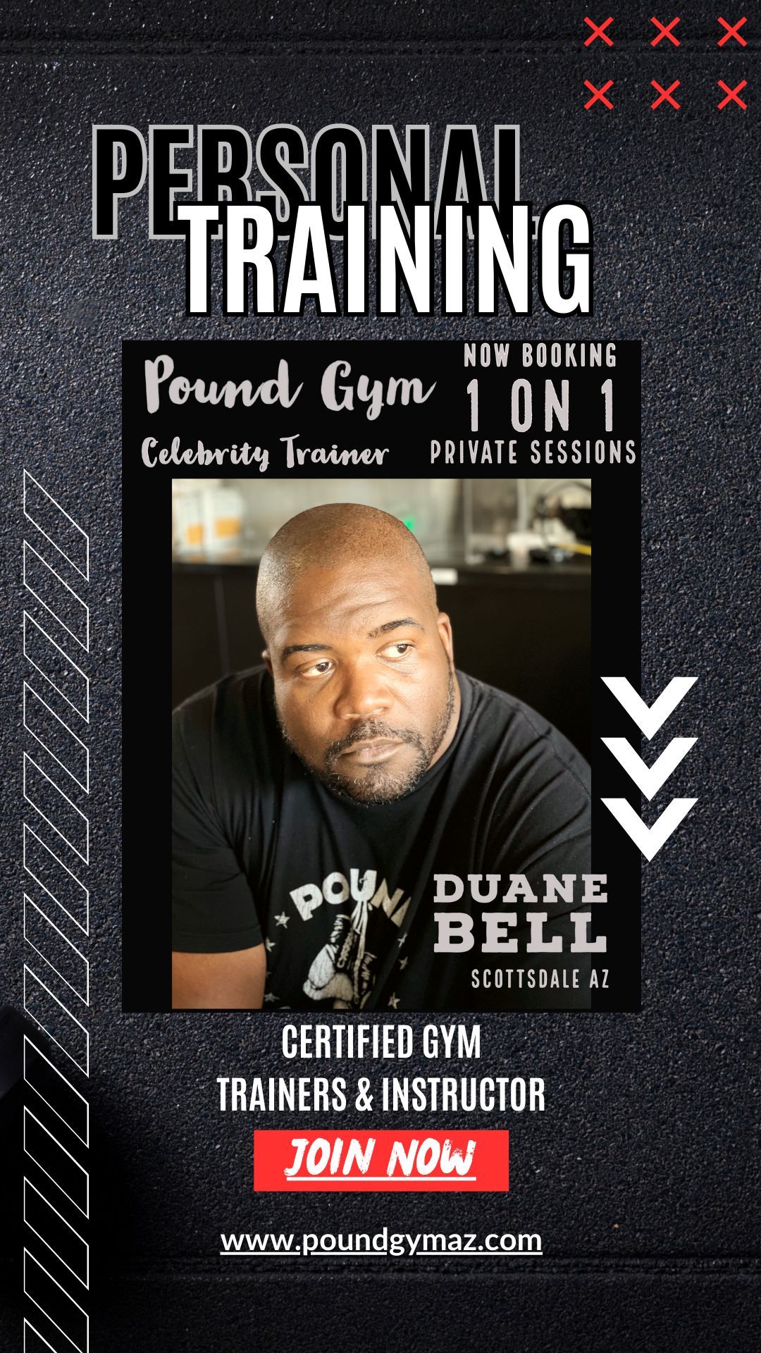 Advertisement for Pound Gym personal training. Features Duane Bell, offering 1-on-1 private sessions. Includes call to action