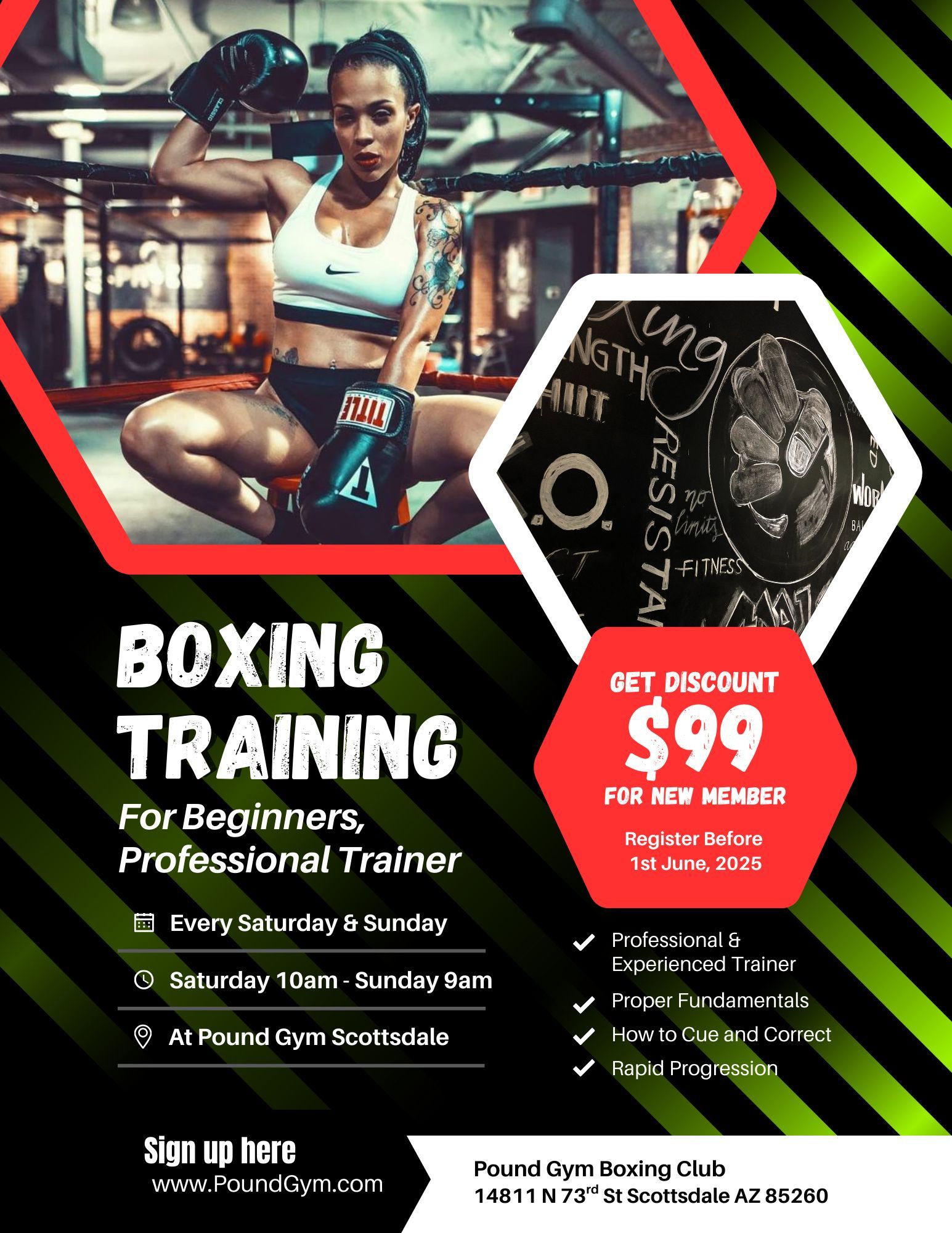 Boxing training flyer. Woman boxer in gym, red and black design. Details on classes, and discount.
