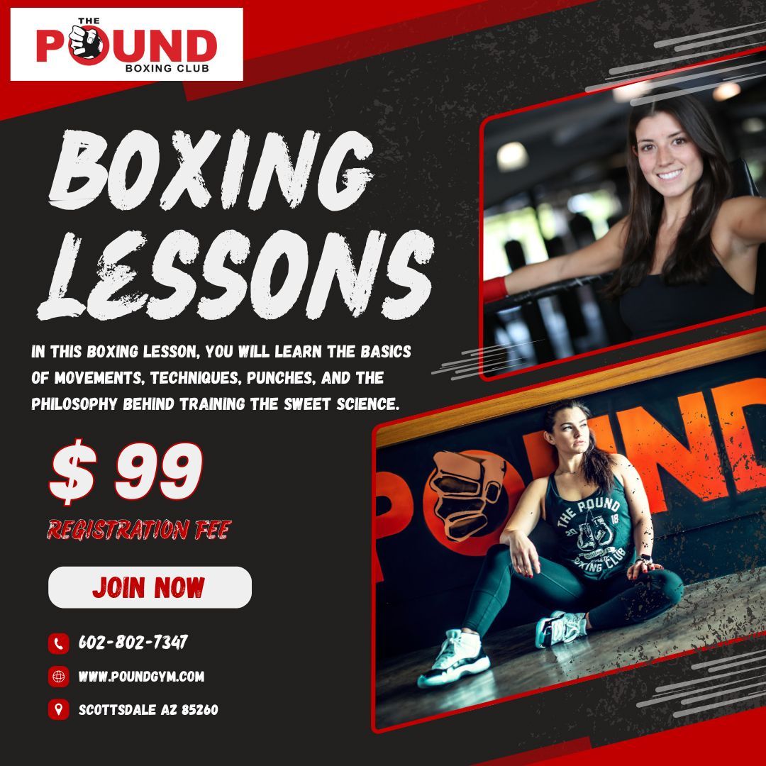 Boxing lessons advertisement with two women; red and black design; $99.