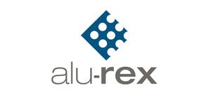 Alu-rex logo with blue geometric icon and gray-black text on a white background