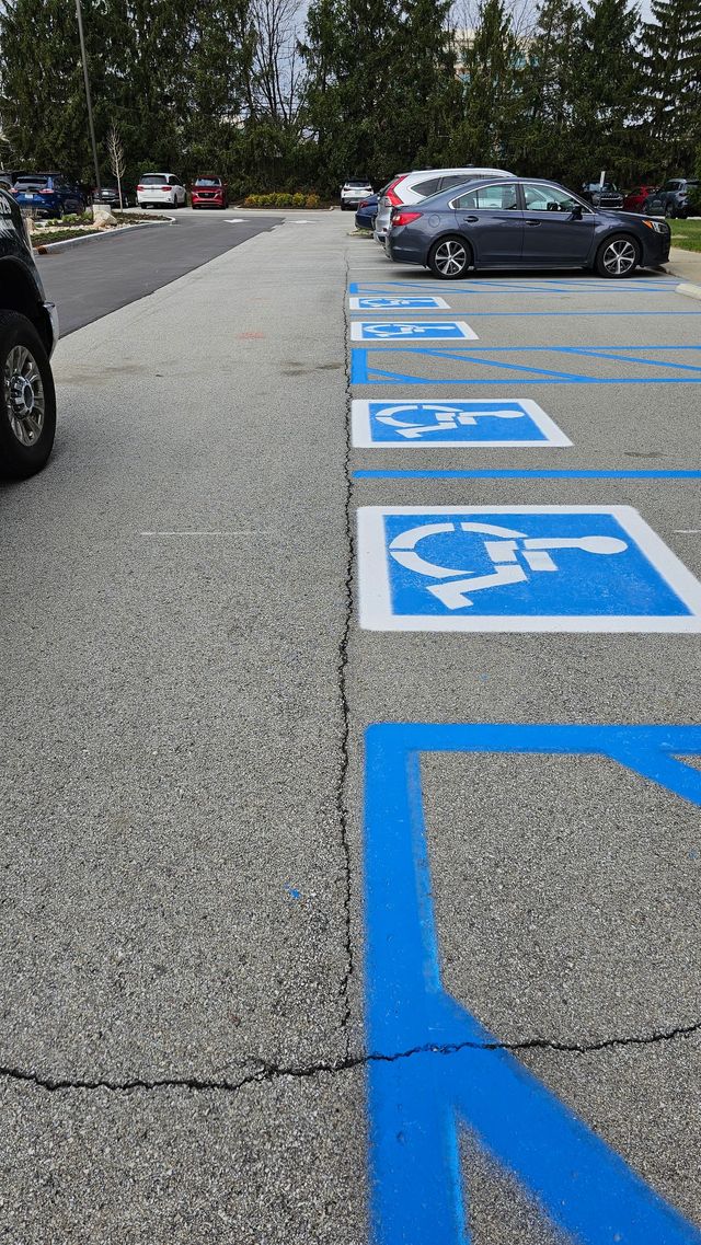 Accessible parking spaces marked in blue paint in a parking lot, with cars parked ahead.