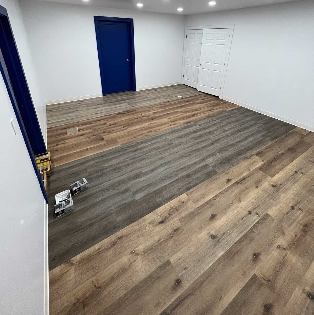 A room with hardwood floors and a blue door.