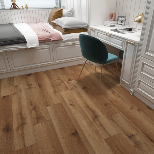Light wood-look flooring in a room with a painting, a small cart with a plant, and a partially open book.