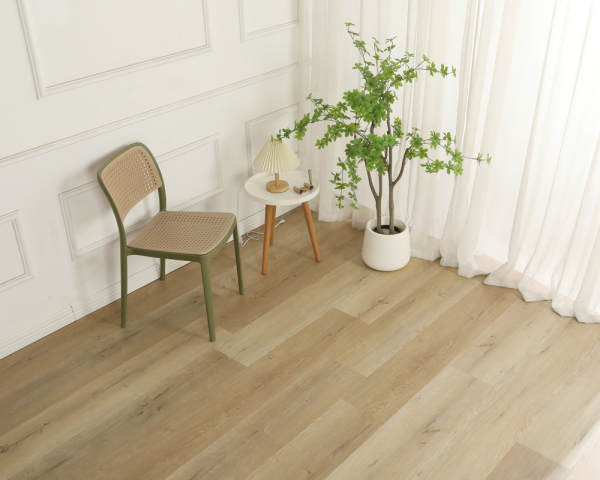 Light brown wood-look flooring with vertical grain patterns and various knots and details.