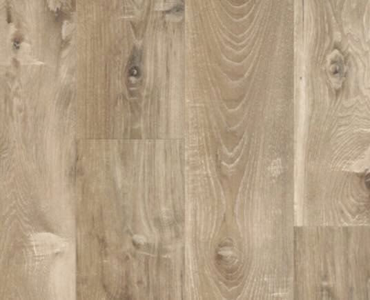Light-colored, wood-look flooring with vertical grain patterns and natural knots.