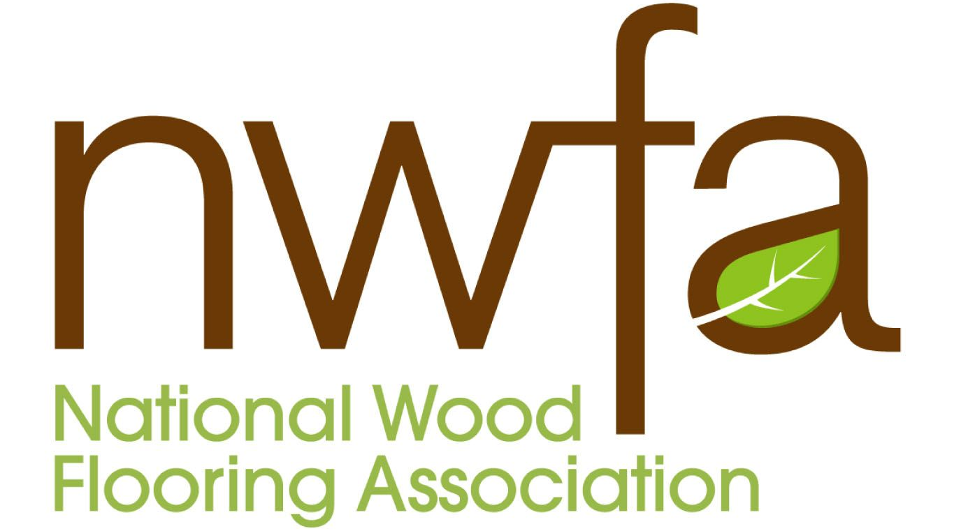 Logo of the National Wood Flooring Association with brown text and a green leaf inside the lowercase letter a.