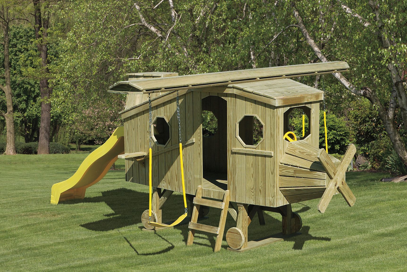 A wooden helicopter playground with a slide and swings