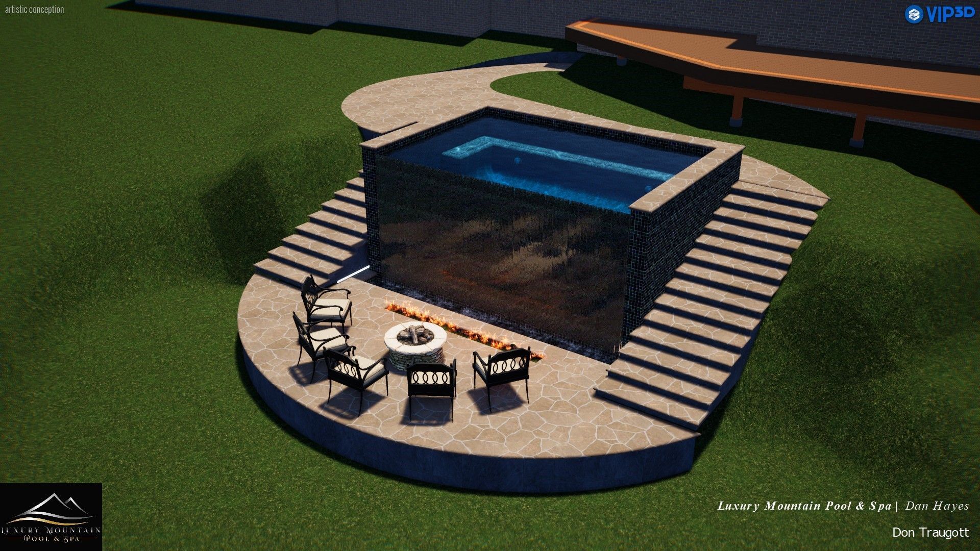 An aerial view of a swimming pool with a fire pit and chairs.