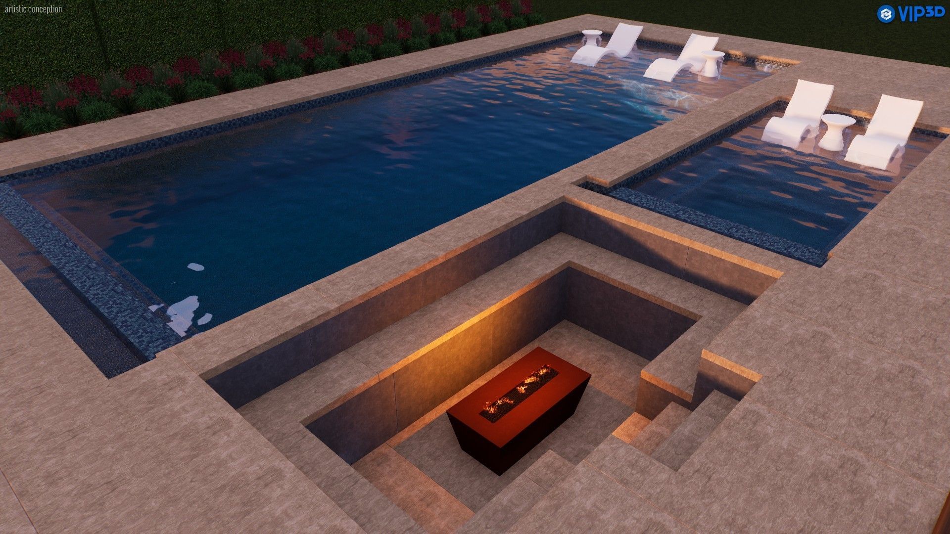 3D model of a modern outdoor pool with a hot tub