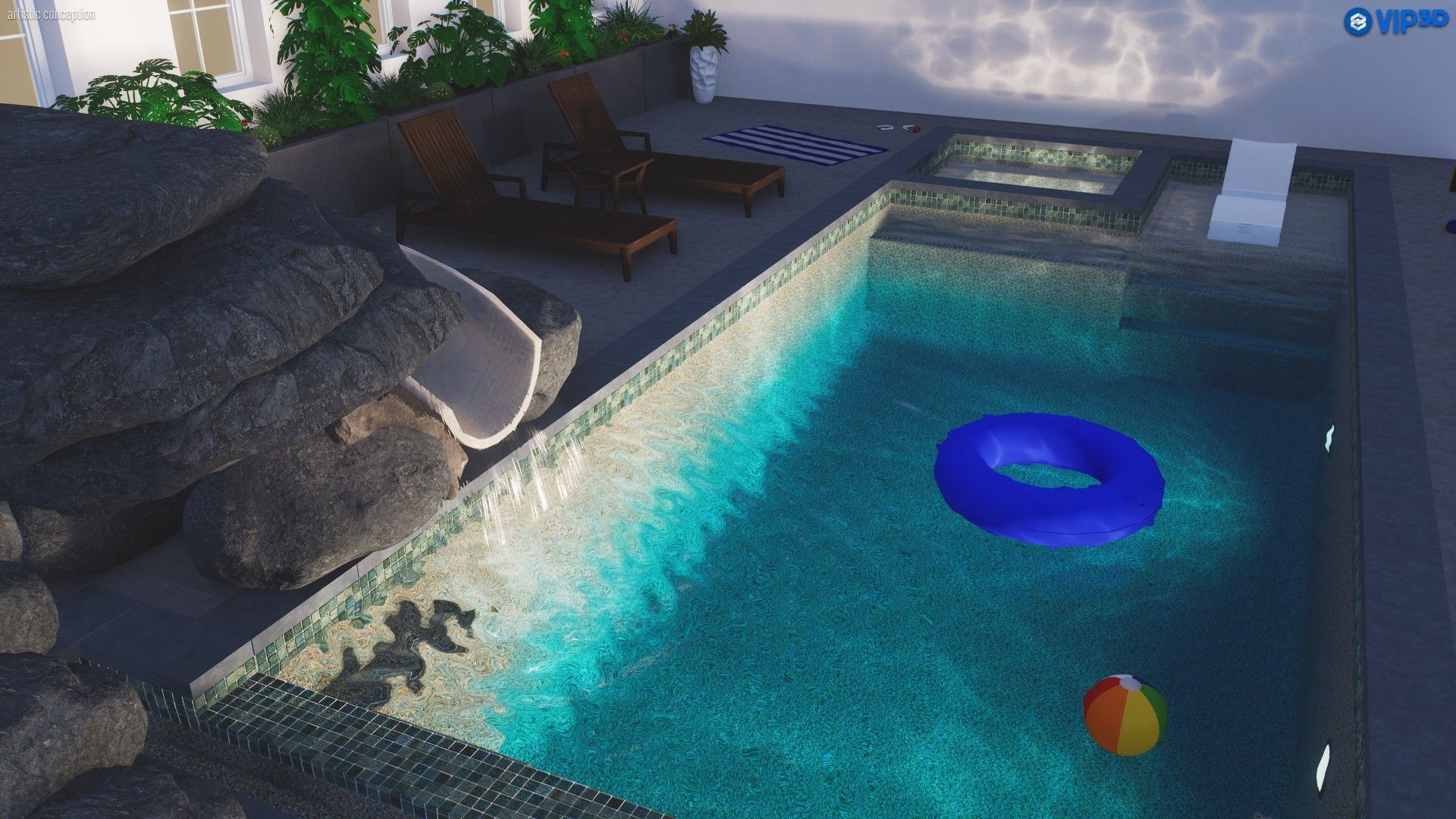 3D model of a swimming pool with floaties