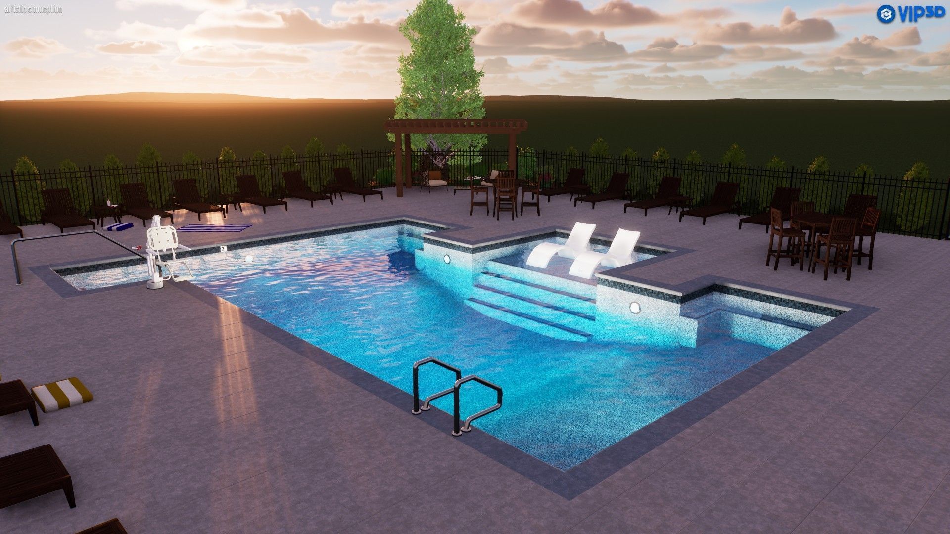 3D model of a pool with lounge chairs, steps, and pergola