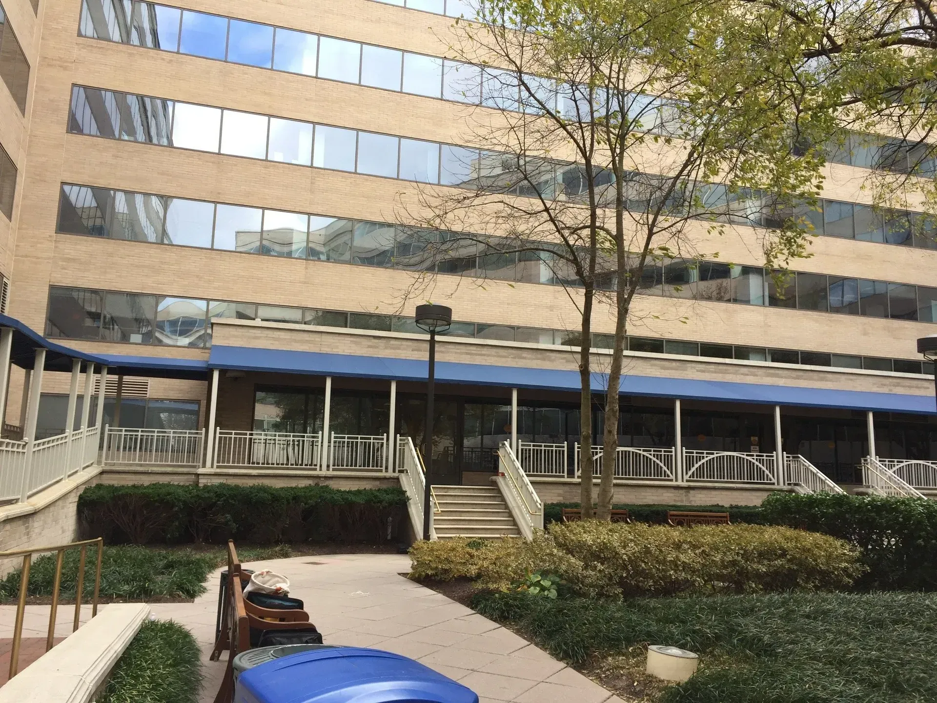Modern office building with curved facade, blue awning, stairs, and landscaped courtyard