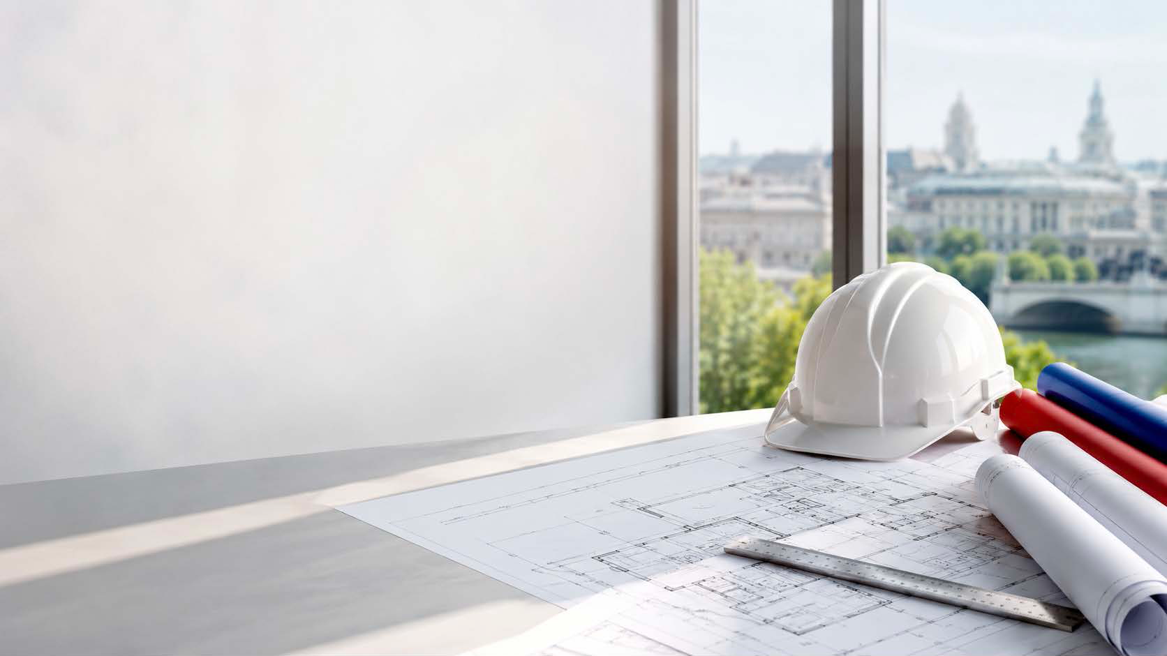 Hard hat on blueprints by a window overlooking a city skyline