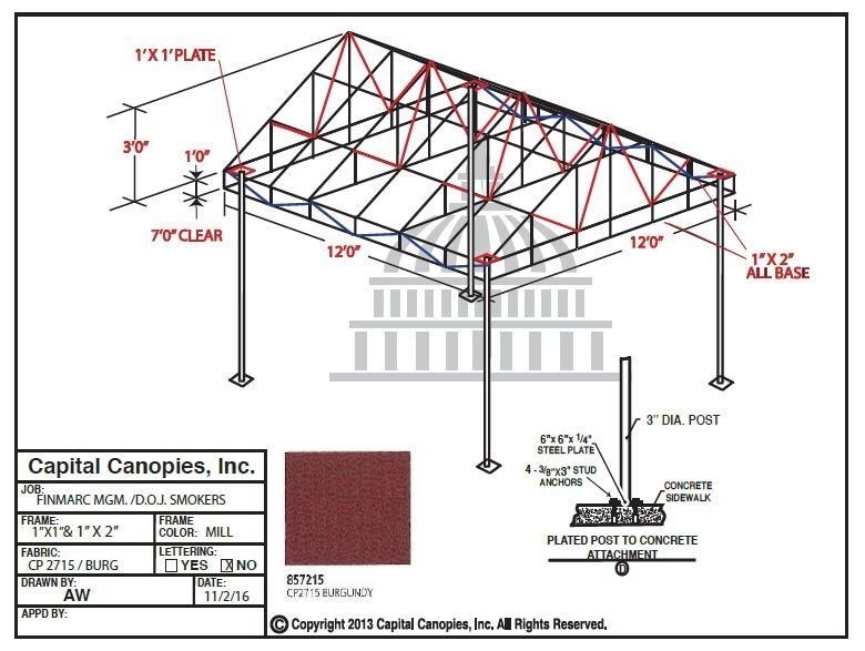 Roof canopy engineering drawing with red frame, steel posts, and labeled dimensions