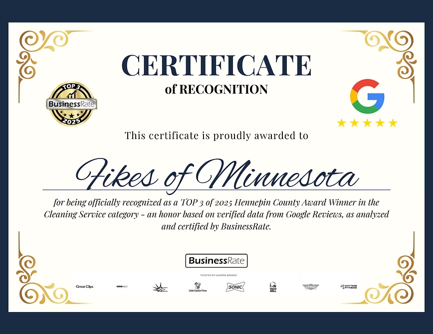 Certificate of Recognition with gold borders for Fikes of Minnesota, featuring Google logo and 5 stars