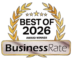 BusinessRate Best of 2026 award badge with gold laurel wreath and stars