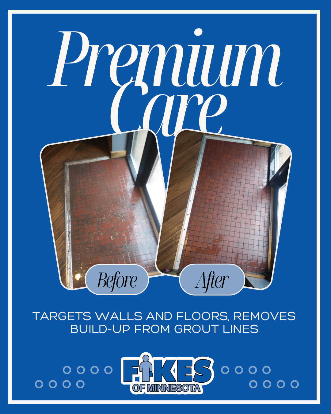 Premium Care ad showing stained carpet before and after professional cleaning by Fikes Floor Care