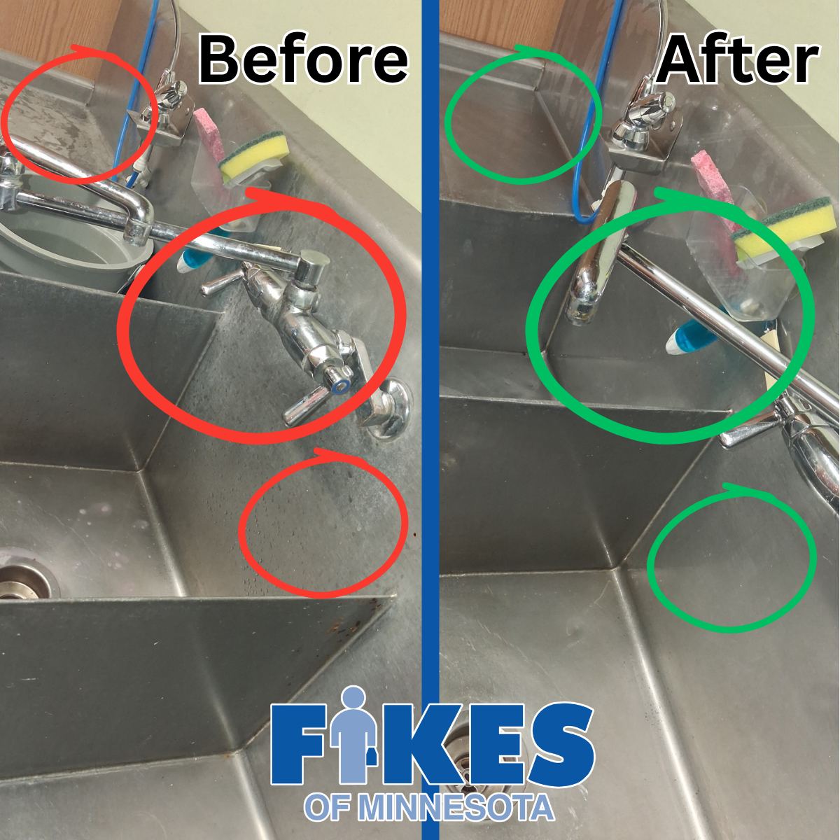 Before-and-after sink cleaning comparison, showing dirty faucet and sink on left and clean sink on right.