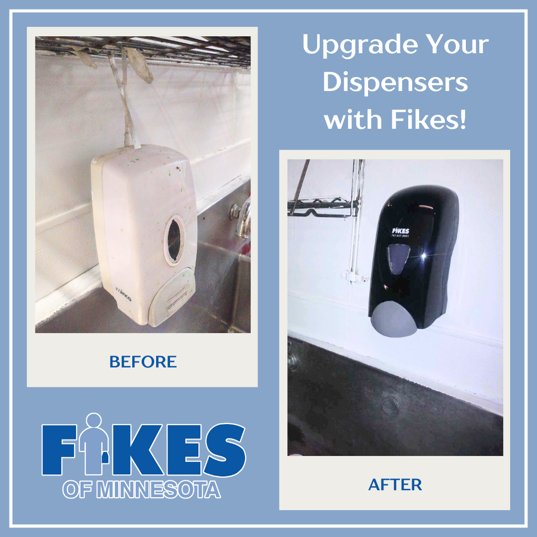 Before-and-after ad showing a white dispenser replaced by a black Fikes dispenser, with text “Upgrade Your Dispensers with Fikes!”