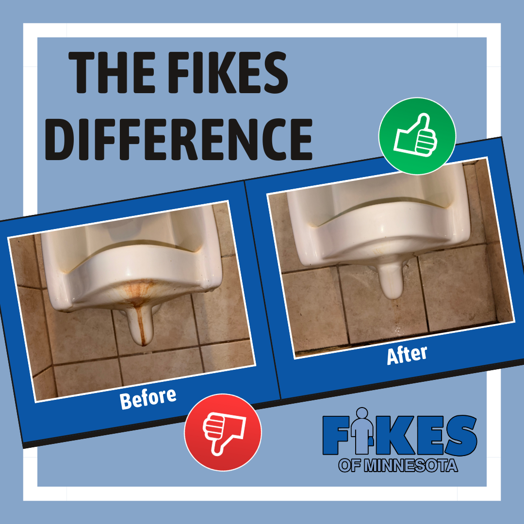 Before-and-after bathroom sink drain showing clogged versus clear, with “The Fikes Difference” text.
