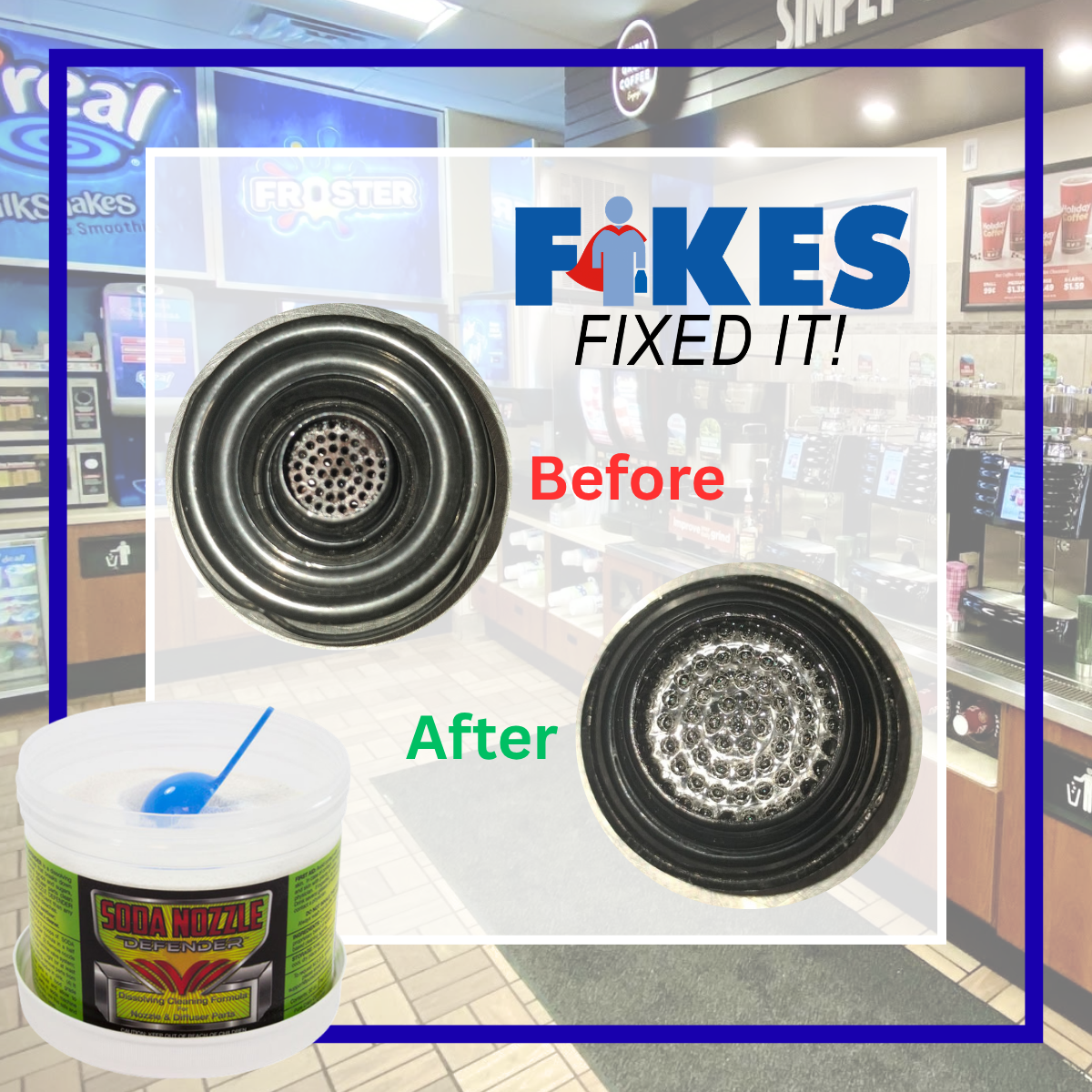 Fokes Fixed It! before-and-after wheel repair ad with tire, showing worn and restored wheel alongside a repair product.