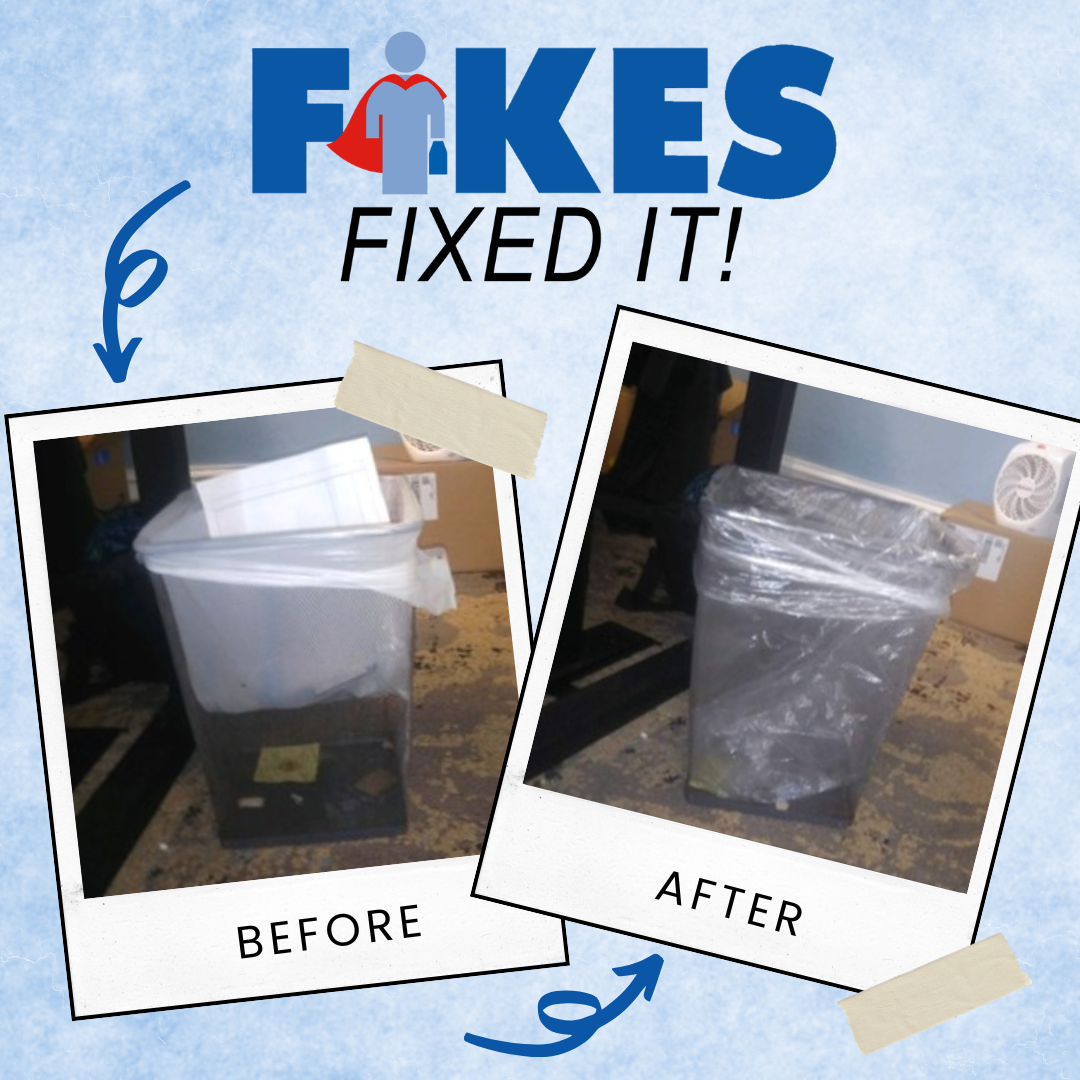 Before-and-after of a trash bin with taped plastic liner, labeled “FIXES FIXED IT!”