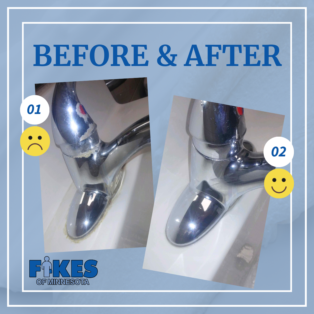 Before and after photos of a shiny silver faucet, showing a cleaner result with smiley icons.