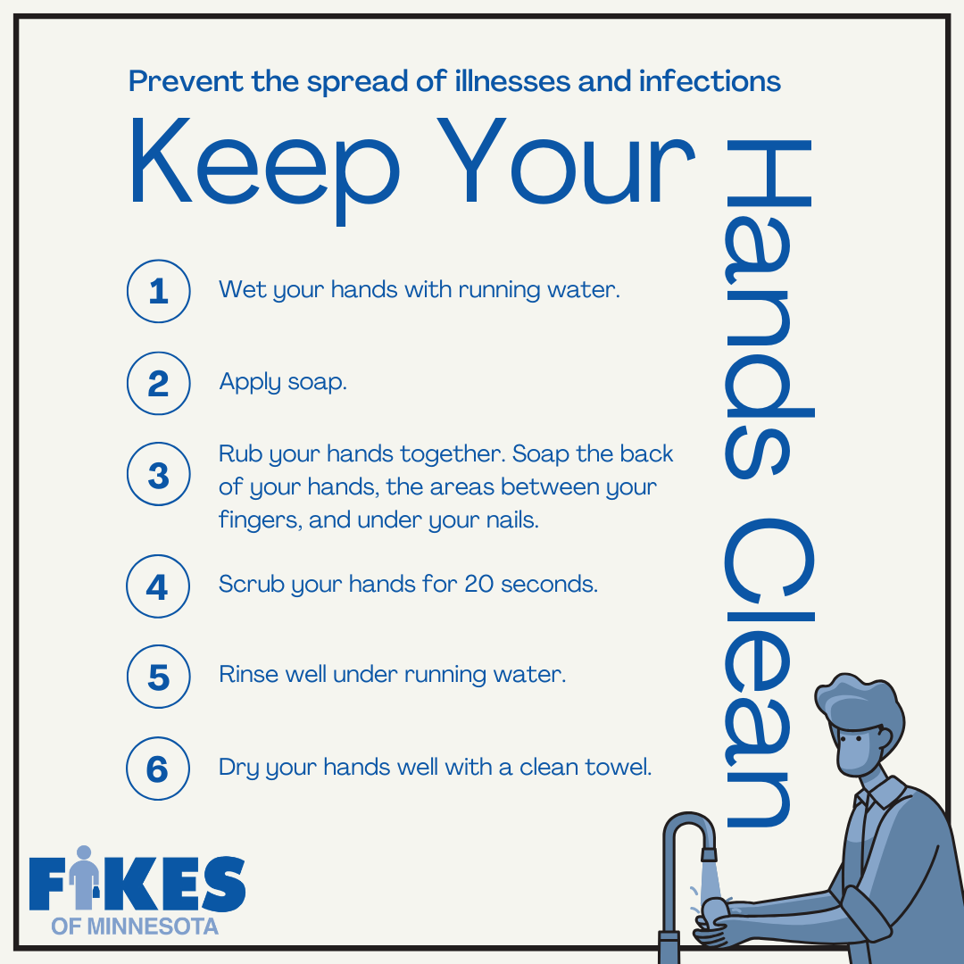 Blue handwashing poster with steps to keep hands clean and stop illness; person washing hands at sink.